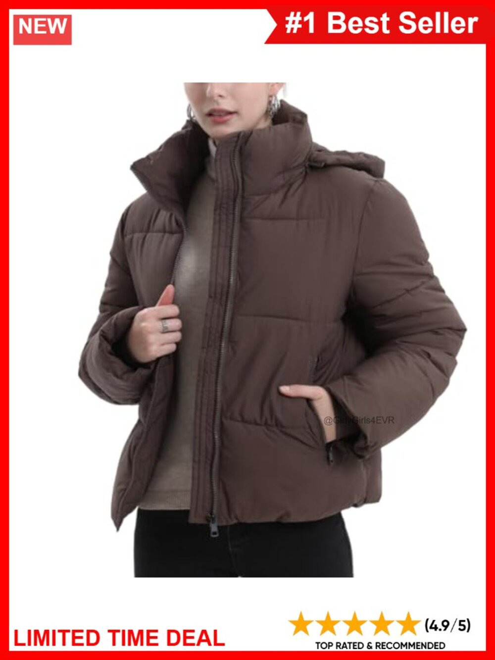 Cropped Puffer Jacket Quilted Coat Removable Hood Zip Pockets